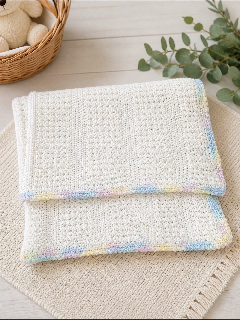 Handmade Crochet Baby Blanket | White w/ Pastel Trim | Soft Cozy Nursery Essenti